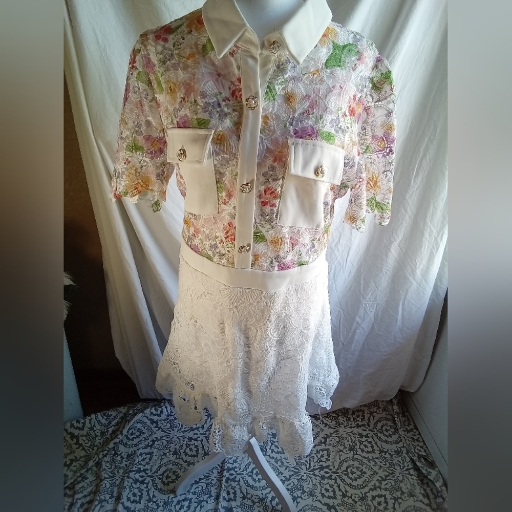 NWT Floral Lace Sheer Blouse with White Lace Skirt Set